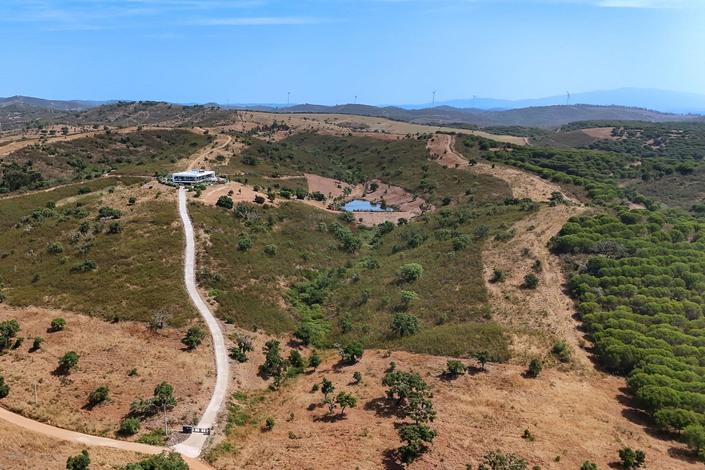 Aerial view of a single track winding through wooded hills to the villa, with a small reservoir and distant mountains