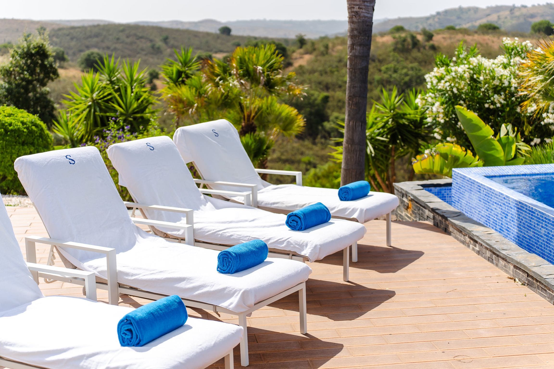 Loungers with monogrammed towels beside the pool, surrounded by palms and flowering shrubs